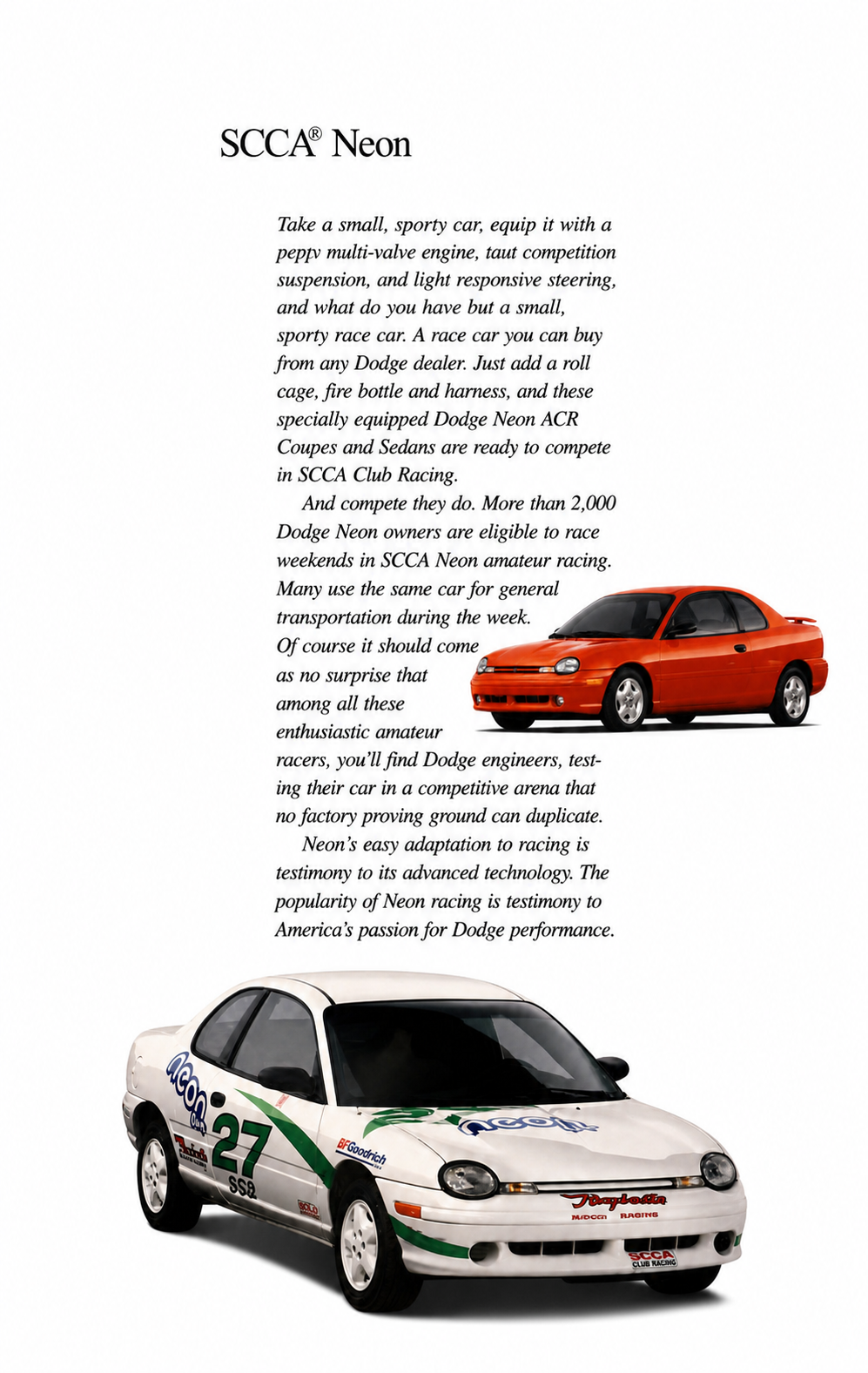 SCCA Neon brochure composite with text and two cars